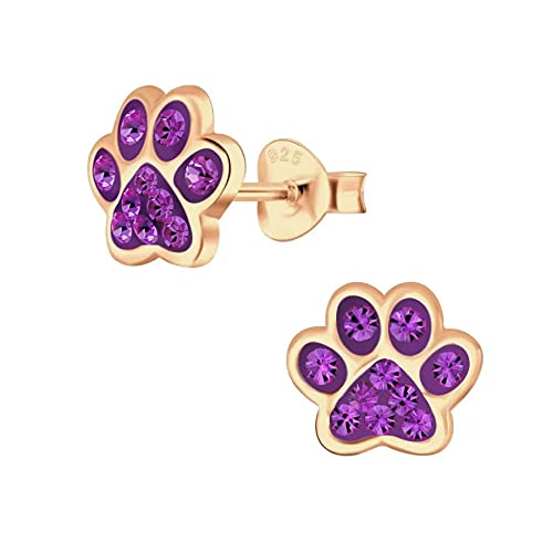 Sterling Silver Paw Print Earrings with Crystal Purple Stones - Rose Gold Plated