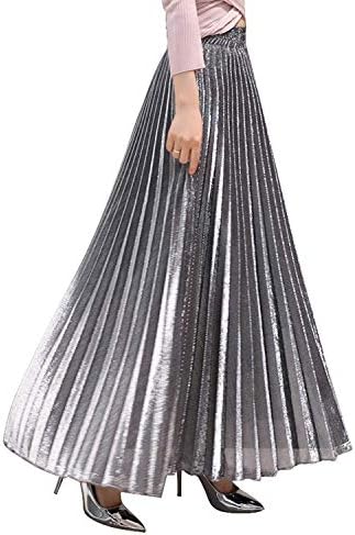 Women's Metallic Shiny Accordion Pleated Long Maxi Party Skirt