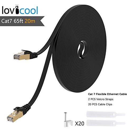 Lovicool 65Ft Ethernet Patch Cable Cat7 Flexible Flat Internet Cable RJ45 Gold Plated SSTP Networking Cord Speed up to 10 Gigabit 600MHz Black 20m