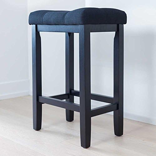 Nathan Home 21101 Hylie Wood Counter Bar Stool, 24", Black Tuft Upholstered Fabric Cushion with Piano Black Finish