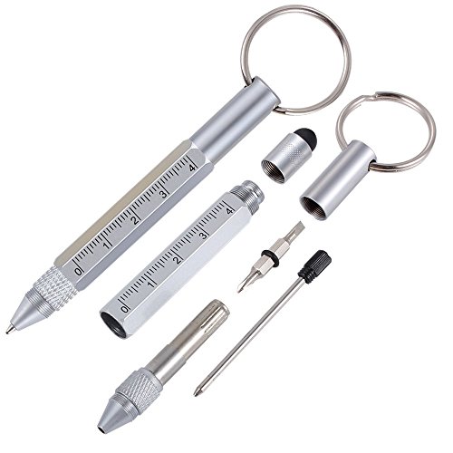 Shulaner 6 in 1 Small Metal Tech Tool Ballpoint Pens with Key Ring, Level, Stylus and Two-head Screwdriver, Multi functional Tool Fits for Mens Gift (Silver)