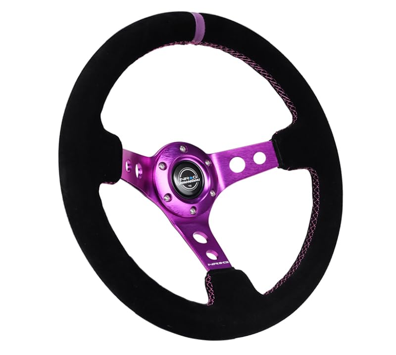 NRG Innovations NRG-RST-006S-PP 350mm Reinforced Racing Steering Wheel - Black Suede, Purple Stitching & Spokes, 3" Deep Dish