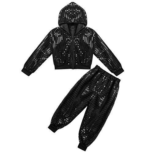 inhzoy Kids Boy's Girl's Sequins Long Sleeve Hooded Tops with Pants Set for Hip-hop Jazz Performance Costume Street Dance Black 10-12