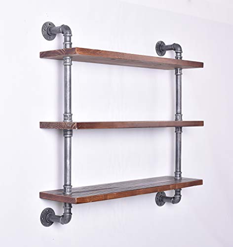 Diwhy Industrial Pipe Shelving Bookshelf Rustic Modern Wood Ladder Storage Shelf 3 Tiers Retro Wall Mount Pipe Dia 32mm Design DIY Shelving (Silver, L 36")