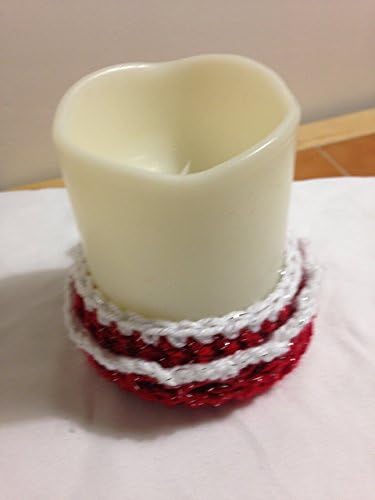 Candle Holder pillar sparkle red white yarn crochet handmade
