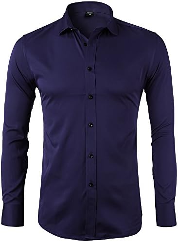 Men’s Bamboo Fiber Dress Shirts Slim Fit Solid Long Sleeve Casual Button Down Shirts, Elastic Formal Shirts for Men,Navy Shirts