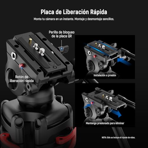NEEWER 74" Trípode Vídeo Básico con Cabezal Fluido, Trípode Cámara Metal con Amortiguación Suave, Esparcidor Nivel Medio, Placa Liberación Rápida Compatible con 501, Carga Máx 17,6lb, TP37