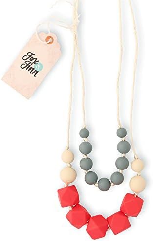 Fox and Finn 'Isabella' Silicone Teething Necklace for Babies | Safety Knotted Silk Rope | Does Not Pull Hair Out | 14 Inch Drop (coral + smoke + latte)