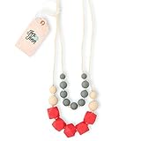Fox and Finn 'Isabella' Silicone Teething Necklace for Babies | Safety Knotted Silk Rope | Does Not Pull Hair Out | 14 Inch Drop (coral + smoke + latte)