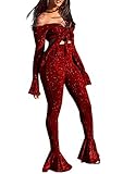 Ophestin Women Off Shoulder Glitter See Through See Through Long Flare Sleeve V Neck Crop Top Pants Set 2 Piece Outfits Jumpsuits Red L