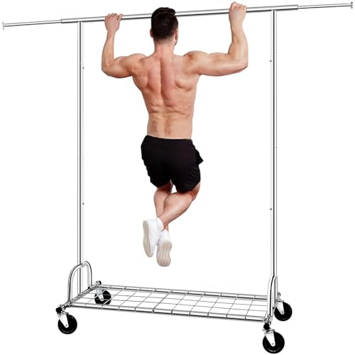 SPECILITE Heavy Duty Clothes Rail 2 in 1 with Wheels and Shelves, Adjustable Metal Coat Rack with Load Capacity of 216 kg