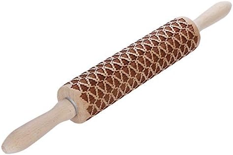 Iusun Christmas Wooden Rolling Pin Engraved Embossing with Christmas Tree Deer Snowflake Pattern for Baking Embossed Cookies Noodle Biscuit Fondant Cake Kitchen Tool