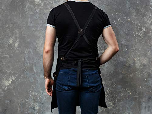 Black Apron in Canvas and Leather for Chef Work Bartender Barista Barber Shop Grill Master olpr. Made in USA