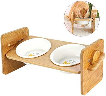 Tilted Cat Bowl Hamkaw Adjustable Bamboo Raised Pet Bowl Feeder