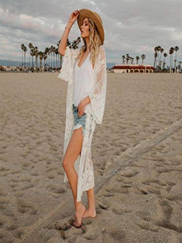 Womens Kimono Cardigan, Women Lace Bohemian Beach Long Oversized Kimono Coat (White, Free Size) - Thumbnail 3