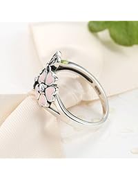 BAMOER 925 Sterling Silver Pink White Enamel Cherry Blossom Ring for Women Anniversary Ring Size 6 7 8 9