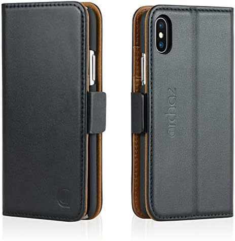 archaz iPhone Xs max Leather Wallet Case - Premium Italian Leather Case for iPhone Xs Max - Flip Cover with Magnetic Clasp Closure - Adjustable Viewing Stand (black-brown)