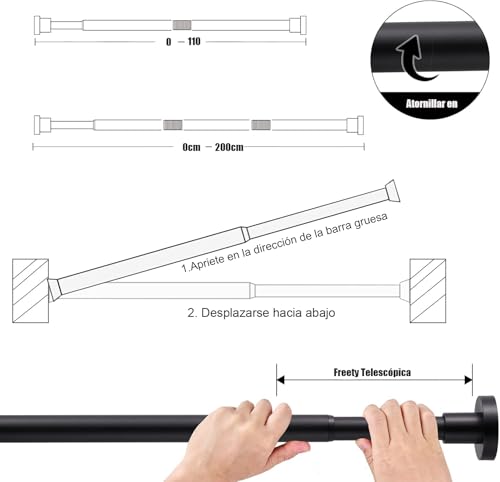 Barra de Cortina de Baño Extensible (110-200CM) - Tubo para Ducha Sin Perforación - Para Cocina, Salón, Armario, Ventana - Negro