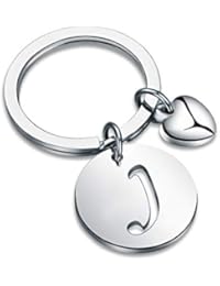 HOLLP Silver Initial Disc Charm Keychain 26 Initial Letter Alphabet Key Ring A-Z Initial English Charm Stainless Steel Initial Key for Women (J)