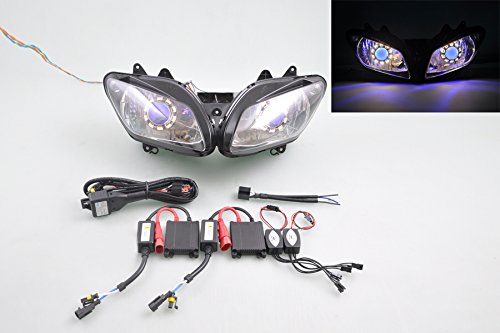 Wotefusi Motorcycle New Headlight Head Light Lamp Cool Yellow Angel Blue Devil Eyes Rings Projector Bi-Xenon Ballasts Assembly Kit For Yamaha YZF1000 R1 2002-2003