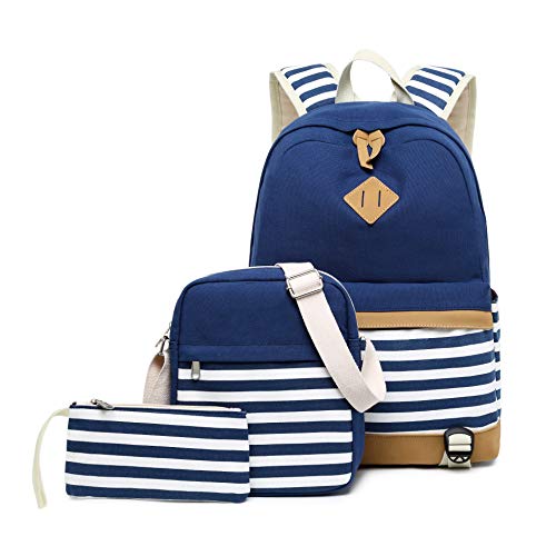 blue and white striped canvas backpack