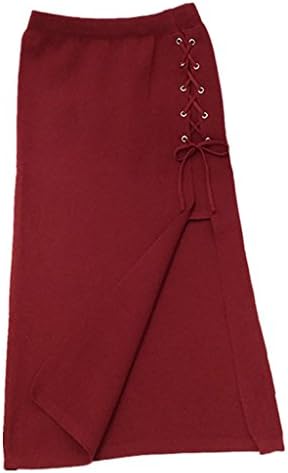 Season Show Women's High Waisted Pencil Skirt Slit Knit Bodycon Midi Skirt Burgundy