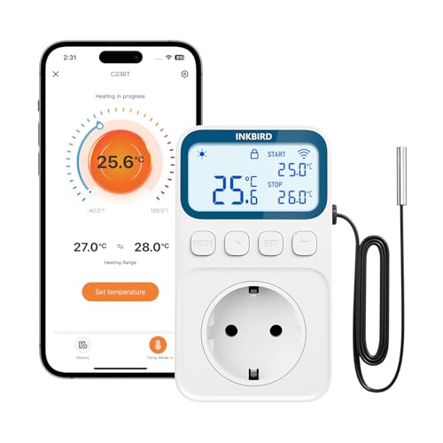 Inkbird C236T WiFi Thermostat with Probe, Heating and Cooling, Alarm Function, LCD Display, Thermostat Socket for Home, Reptiles, Greenhouse, Incubation