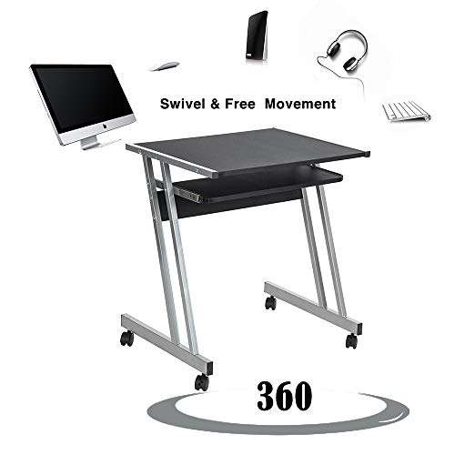 Aingoo - Small Computer Desk with Rolling Keyboard Tray and Metal Frame Space Saving Study Desk, Black