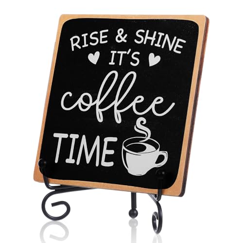 YBEATY Coffee Decor Sign Rise & Shine It's Coffee Time Sign Funny Bar Accessories Decorations Supplies Farmhouse Wood Plaque with Stand for Women Men Home Office Kitchen Tabletop Shelf