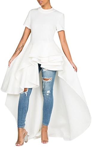 Evesymil Women Round Neck Short Sleeve High Low Hem Irregular T Shirt Blouse Tops White XXLarge