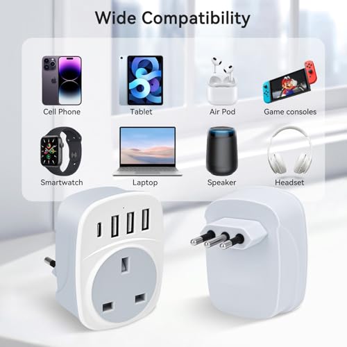UK to Italy Plug Adapter,SHUOMAO UK to Italy Travel Adapter with 4 USB(17W USB C Charger),Converter Power Adapter for Italian Chile Ethiopia Libya Syria Tunisia Uruguay(Type L)