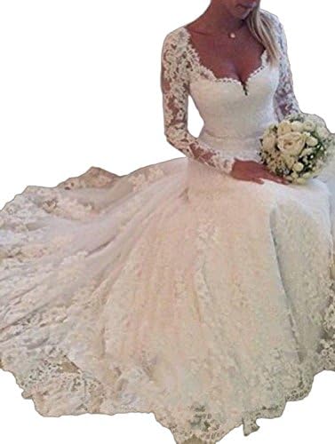 Youyougu Women's Depp V-Neck Long Sleeve Lace Bridal Gown Appliques Wedding Dress Ivory Size 12