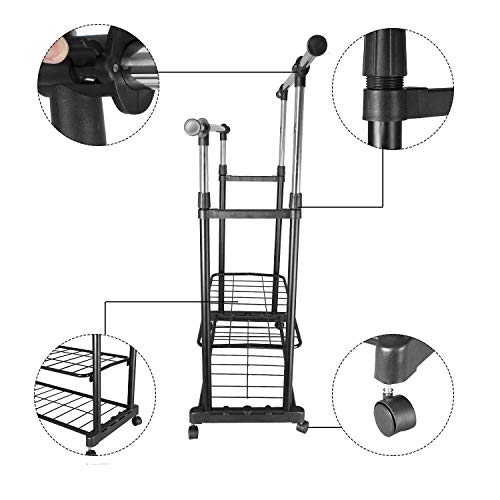 PowCube Adjustable Garment Rolling Double Rods Collapsible Clothing Rack with 2 Shelves, Large, Black
