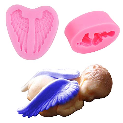 iiniim 2PCS 3D Fondant Mold (Baby+Angel Wings), Silicone Cake Chocolate Polymer Clay Mold Cookies Mould Baking Tools Pink One Size