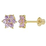 18k Gold Plated Pink Crystal Flower Baby Toddlers Girl Screw Back Earrings