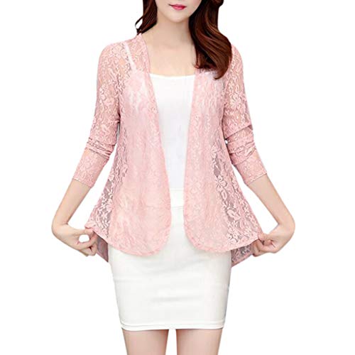 Alangbudu Women Elegant Lace Hollow Out Casual Blazer 3/4 Sleeve Open Front Relax Fit Office Lightweight Cardigan Shrug Pink