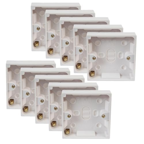 rhinocables 16mm Surface Pattress Box – Fits CAT5e & CAT6 RJ45 Faceplates | Reliable Plastic Network Back Box with Brass Screw Ports for Tidy Wired LAN Points in Any Room (10 Pack)