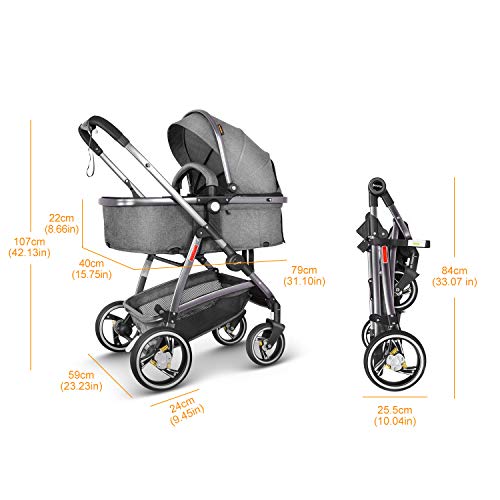 Besrey Pram Baby 2 in 1 Carriage with Convertible Reversible Bassinet & Shock Absorber for Infant Newborn Sit and Sleep Stroller - Gray