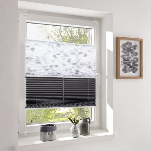 Sekey Plissee Day+Night Doppelplissee Verdunkelung ohne Bohren verspannt Lichtschutz 110x130cm Druck+Dunkelgrau