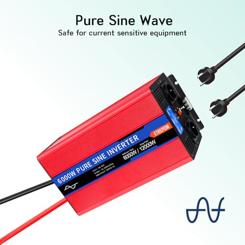 ETREPOW Inverter 6000 W 24 V 220 V Pure Sine Wave Transformer with 2 EU Sockets and a USB, Wireless Remote Control and LCD Display – Peak 12000 W