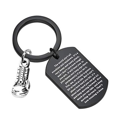 Generic Brands Rocky Balboa Quote Boxing Keychain The World Ain't Sunshine and Rainbows Motivational Quote Boxing Glove Keychain Fitness Gifts Boxer Fan Gift Sport Lover Gift (the world black)