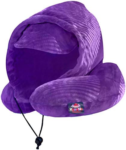 Inflatable Airplane Travel Neck Pillow With Hood - Comfortable &amp; Supportive Cushion - Detachable Hoodie That Features An Eye Cover - Nap Headrest For Sleeping In A Car, Bus, Or During Flights (Purple)