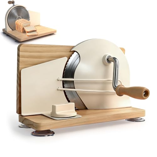 Manual Bread Slicer for Homemade Sourdough, Adjustable Thickness and Foldable Base, Stainless Steel Serrated Blade, with Engraved Scale Line Bread Guide Hand Crank Bread Cutter
