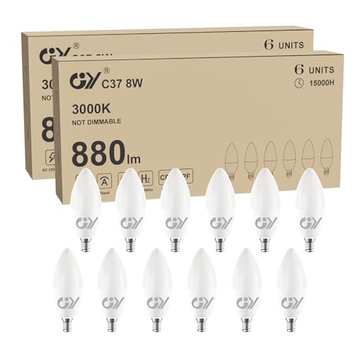 GY E14 LED Bulb Warm White 8W 3000K 880 Lumens, E14 LED C37 Candle Bulbs with Fine Thread, Not Dimmable – Class C Low Consumption, 12 Pieces