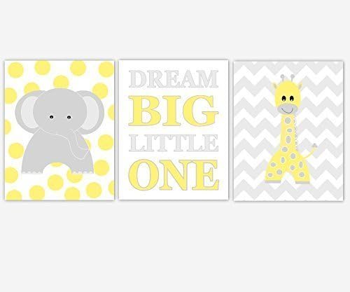 Baby Nursery Art Yellow Gray Prints Elephant Giraffe Dream Big Jungle Safari Zoo Animals Boy Girl Baby Nursery Decor SET OF 3 UNFRAMED PRINTS