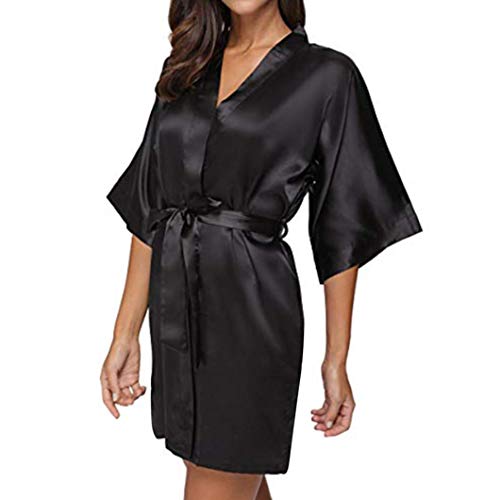DEATU Womens Dress, Ladies V-Neck Bandage Satin Sleepwear Casual Comfy Solid Half Sleeved Mini Dress(Black ,L) - Thumbnail 7