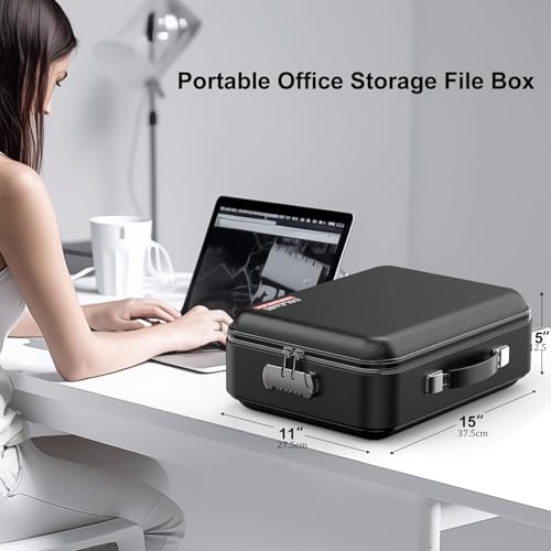 Fireproof Document Box, Waterproof Safe Hard-Shell File Folder Box with Lock, Black 37 * 27 * 12Cm