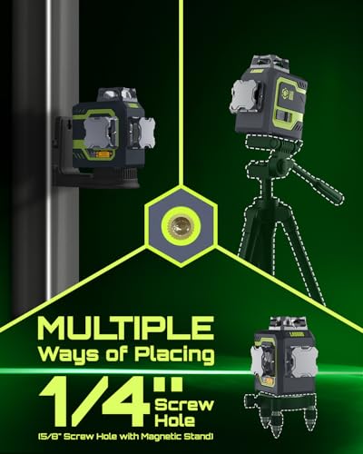 LasGoo LG-3DM Green Beam Laser Level, Self-Leveling 3x360° for Construction & Picture Hanging, Built-in 5200mAh Rechargeable Battery, Type-C Cable, Magnetic Swivel Mount Included