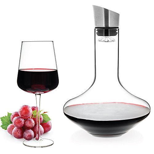 Luxbe - Wine Decanter 50-ounce and Aerator Pourer Lid - With Two Crystal Glasses Set - Hand Blown Lead-free Crystal Glass, Red Wine Carafe - Descanter with Stainless Steel Lid-Aerator, Filter, Pourer
