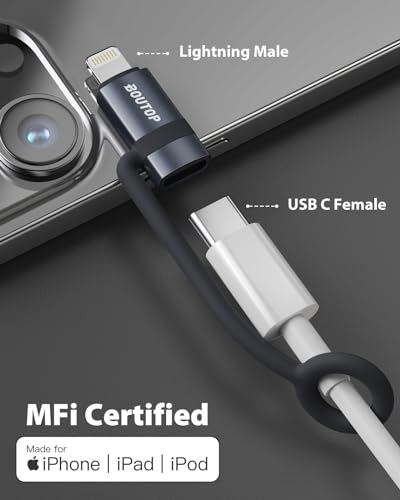 BOUTOP Pack of 2 36 W USB C to Lightning Adapter [Apple MFi Certified] for Fast Charging and Data Transfer, with Anti-Lost Rope for iPhone 14, iPad Air 4/Mini 5, Dark Grey, Not for OTG/Audio